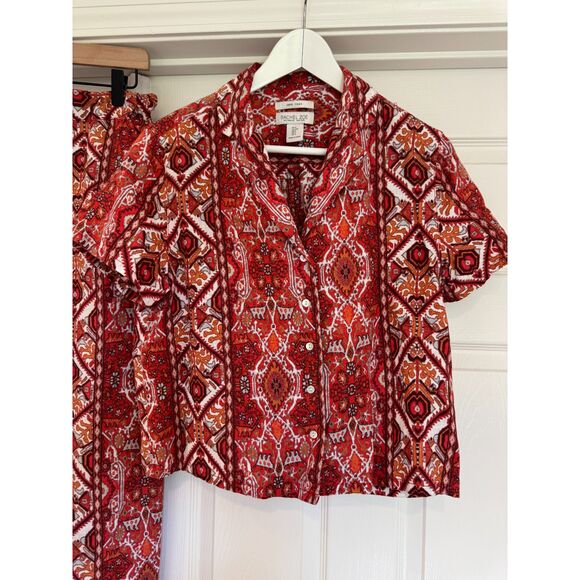 Rachel Zoe Red Boho Print 100% Linen Two Piece Top Pants Outfit Set Size Small - Picture 1 of 9